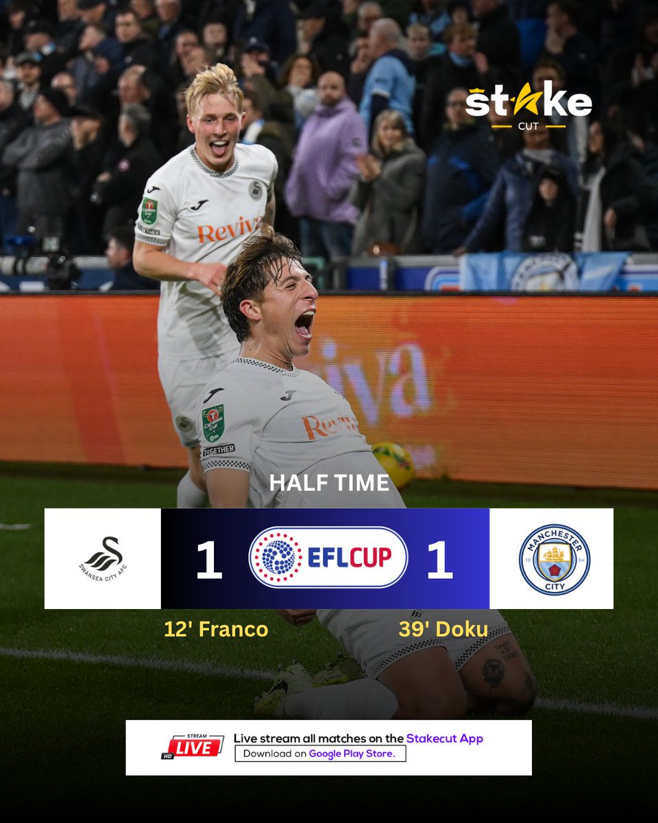 _Stakecut's tweet image. Swansea and Manchester City are level at halftime 💥

#CarabaoCup #SWAMCI