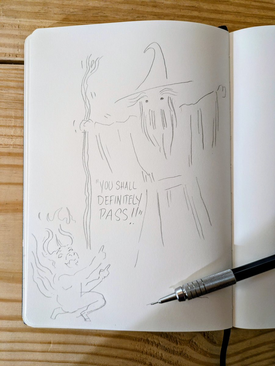 Getting close to 9k followers so I know a killer piece of artwork will put me over. So here's Gandalf reassuring the balrog that he will indeed pass while the balrog does finger guns.

You literally can't do this without four years of art school.