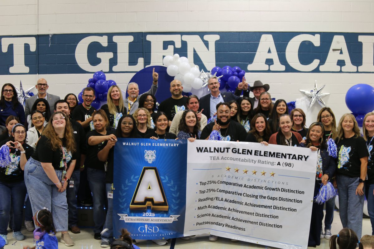 It’s a cause for celebration! 🎉
Our top-rated campus, Walnut Glen Academy, held its “A” Celebration after earning the third-highest TEA score in Texas! Students and staff came together to honor this incredible achievement and the teamwork that made it possible.

Principal Roger