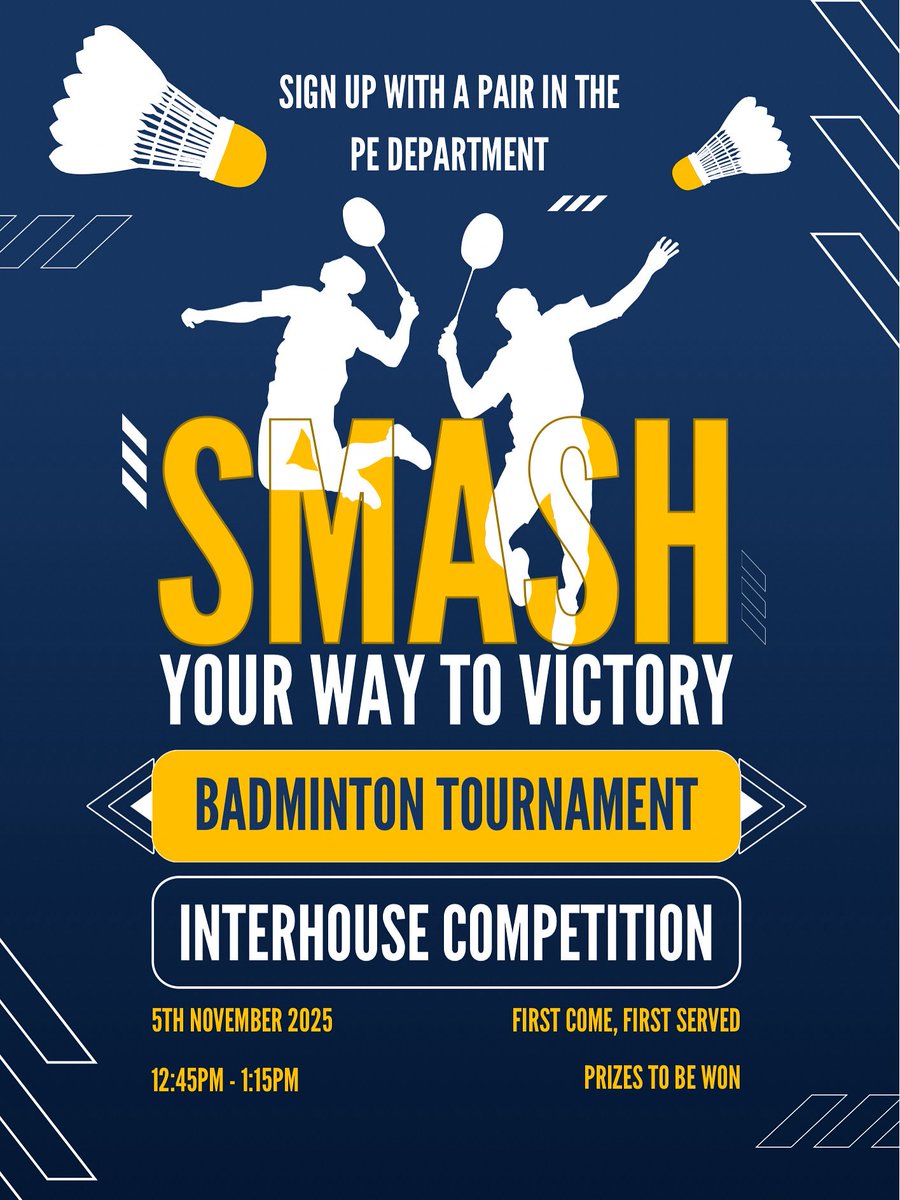 Badminton Doubles Interhouse Tournament 🏸

Our first interhouse competition organised by our fabulous Sports Captains 📋

To sign up: 
• Find a partner in the same house group 
• Give you and your partners name to one of the Sports Captains or Miss Watson