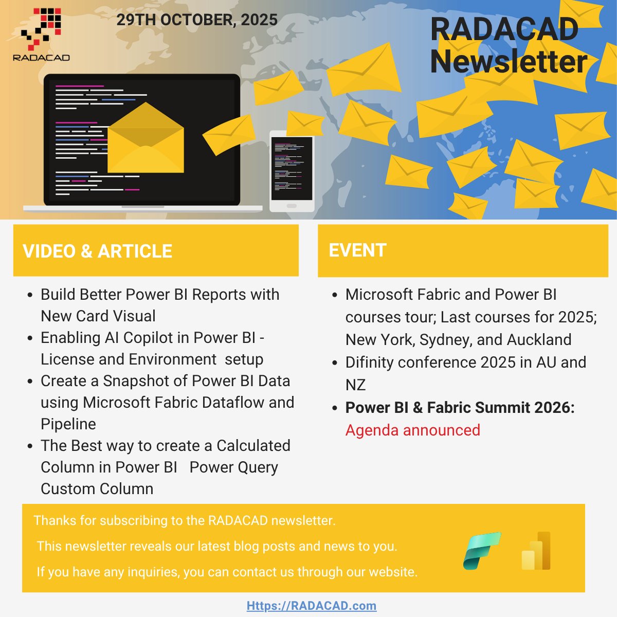 #RADACAD #PowerBI #MicrosoftFabric #DataAnalytics #newsletter edition 29th October 2025 is out

read it here to know about our upcoming #training #course #conference #presentation and our recent series of blog #Article and #YouTube #video

radacad.activehosted.com/index.php?acti…

Subscribe to