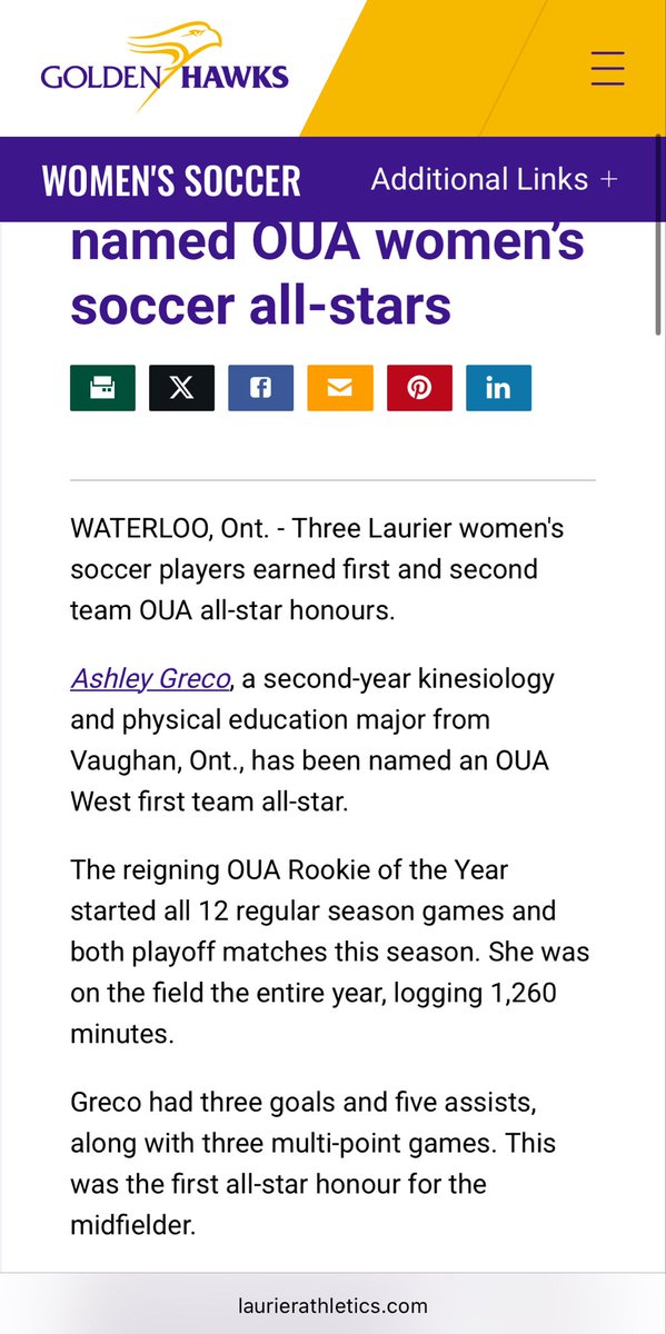 ashleygreco2024's tweet photo. Thankful for this OUA West Division First Team All-Star recognition. Thank you to my Laurier and North Toronto coaches that contributed to my development. 

@OUAsport @WLUAthletics @L1OWomens @NT_SoccerClub @Maunder86 @billywilson90 @Dairebrn @hunting4gold @SamGevaux https://t.co/sEniNDS4N0
