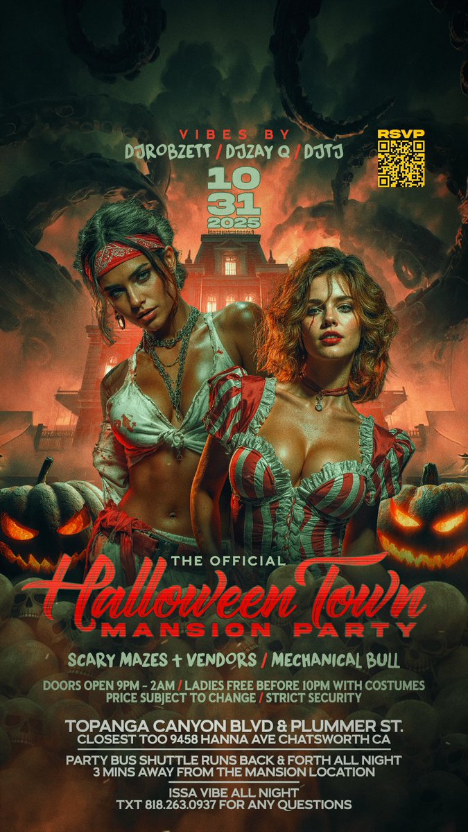 DjRobzett's tweet photo. HALLOWEENTOWN 2025 Mansion Edition 🌟 10/31 🎃🖤
Heated luxury pool 💧mechanical bull + more 🔥 Address on Flyer 🚌 Northridge area 📍 Hope you &amp; your friends can make it out 🥳 https://t.co/2zdLnbJzto https://t.co/4amTjUStgs