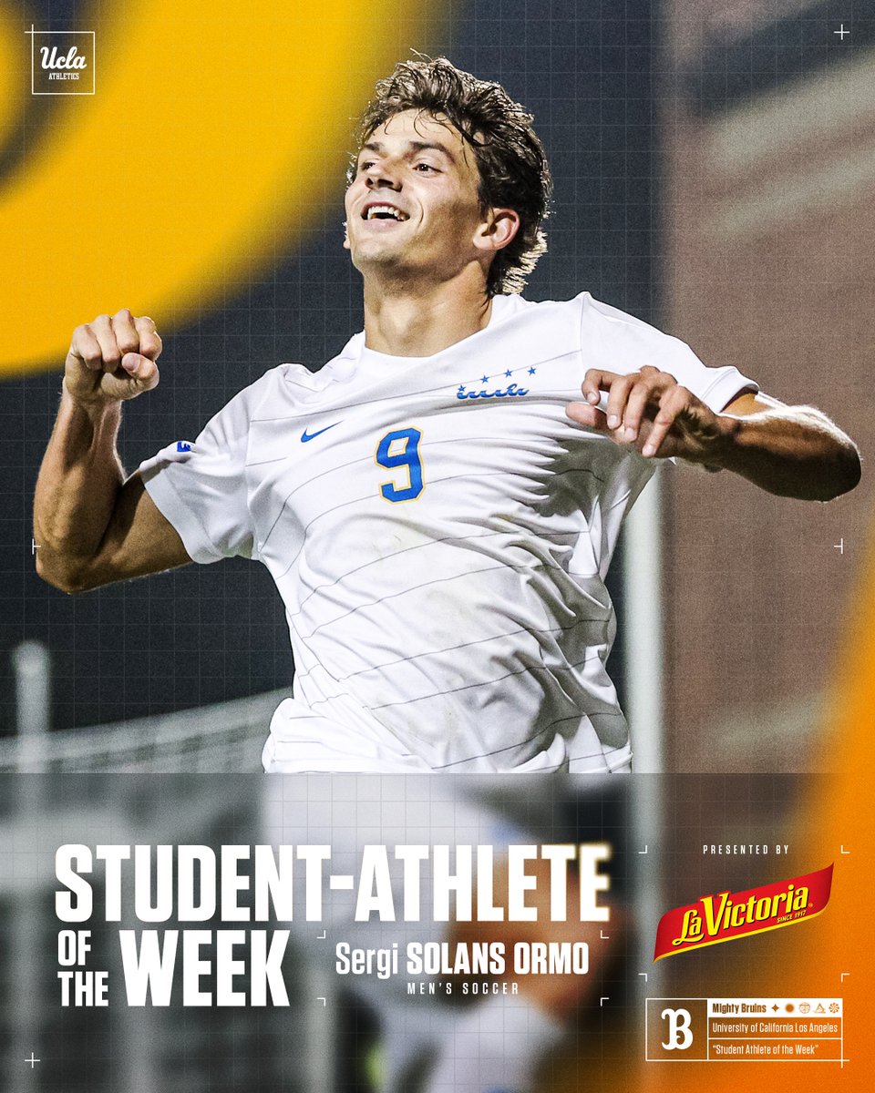 Sergi Solans Ormo is your Student-Athlete of the Week!

<a href="/SolansSergi/">Sergi Solans</a> tallied three goals in the 5-2 <a href="/UCLAMSoccer/">UCLA Men's Soccer</a> win over Rutgers, becoming the first Bruin to score a hat trick since 2019.

🔗: ucla.in/4hvlC3z

#GoBruins