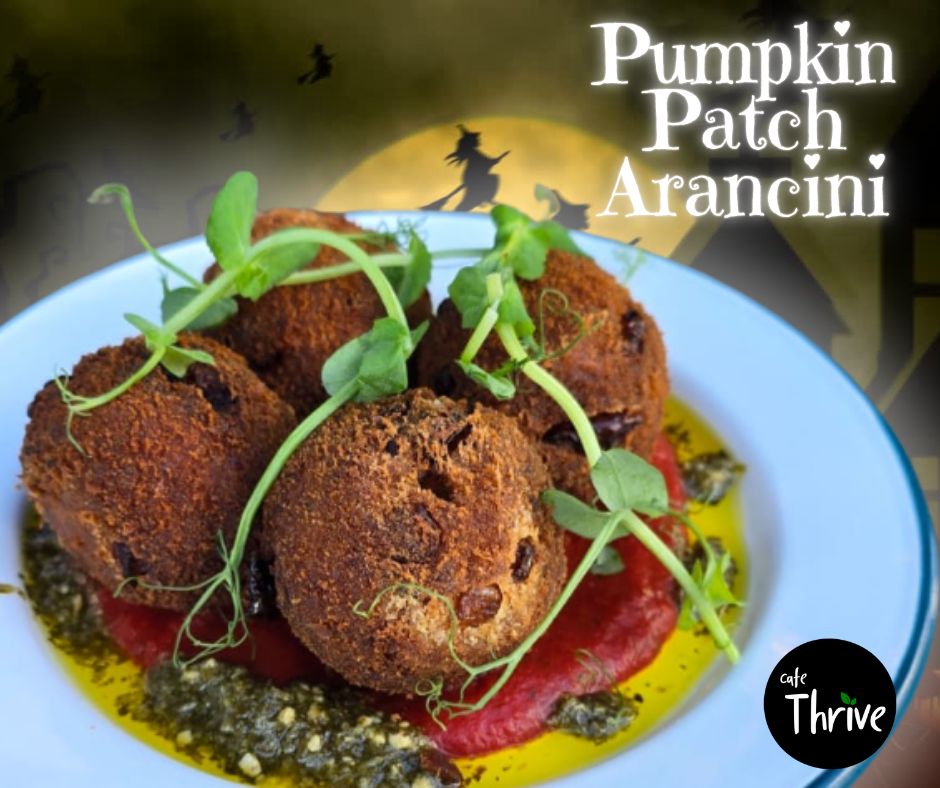 cafe_thrive's tweet image. 🎃💀 Straight from the grave-yard gourmet!
Our Pumpkin Patch Arancini are back — doomed deep-fried pumpkin risotto balls resting on mystical marinara &amp;amp; petrifying pesto.
Frighteningly good… and only for Halloween week! 🌕🍴

#BackFromTheDead #HalloweenMenu #SpookyEats