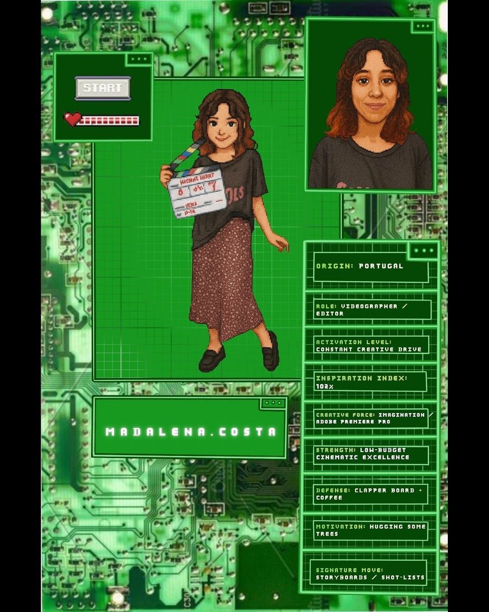 Radio83_band's tweet photo. TRANSMISSION_R83_
INTRO_TEAM_LENA

Origin: Portugal
Role: Videographer/Editor
Activation Level: Constant Creative Drive
Inspiration Index: 102%
Creative Force: Imagination / Adobe Premiere Pro
Strenght: Low-Budget Cinematic Excellence 
Defense: Clapper Board

SIGNAL_ACTIVE__ https://t.co/TpB1iT440T