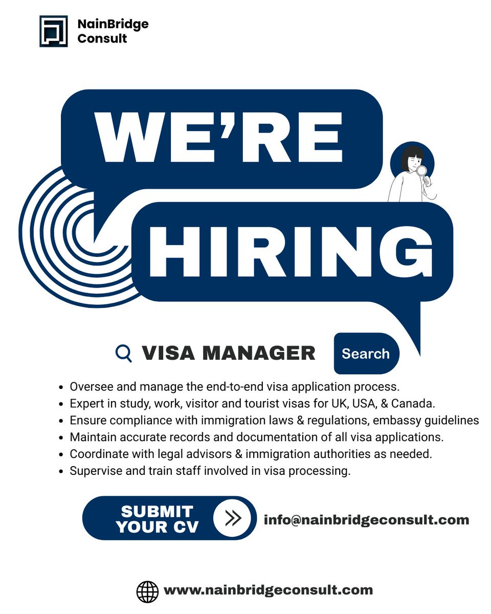 We’re hiring a Visa Manager!

Do you have strong visa processing experience and a passion for client service? We want to meet you.

📍: Ikoyi, Lagos
📩 Apply now by sending your CV to info@nainbridgeconsult.com using the role as email subject.
#nainbridgeconsult #hiringnow