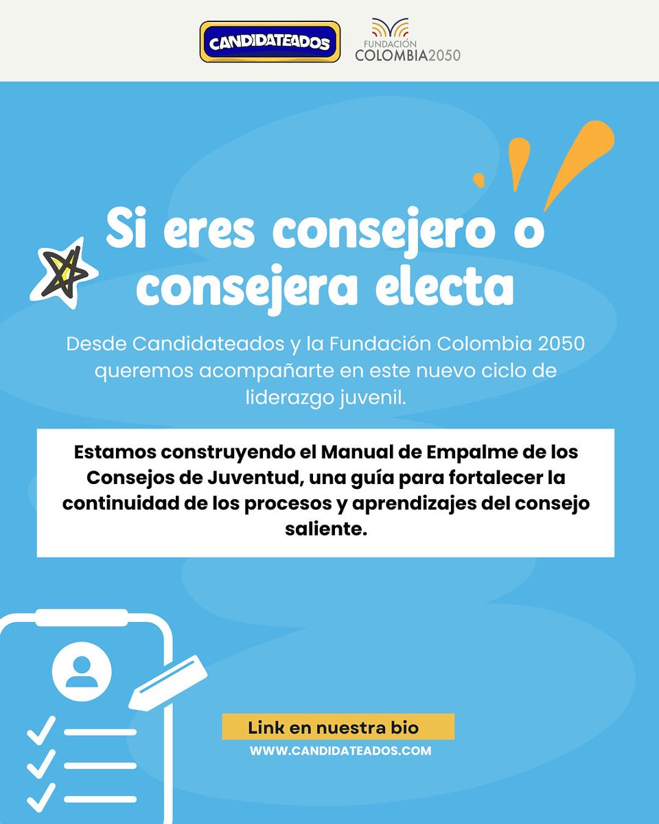 📍Si eres consejero o consejera electa, queremos acompañarte en este nuevo ciclo de liderazgo juvenil 💬

Construyamos juntos el Manual de Empalme para fortalecer la participación juvenil.

📝 Participa aquí: docs.google.com/forms/d/e/1FAI…