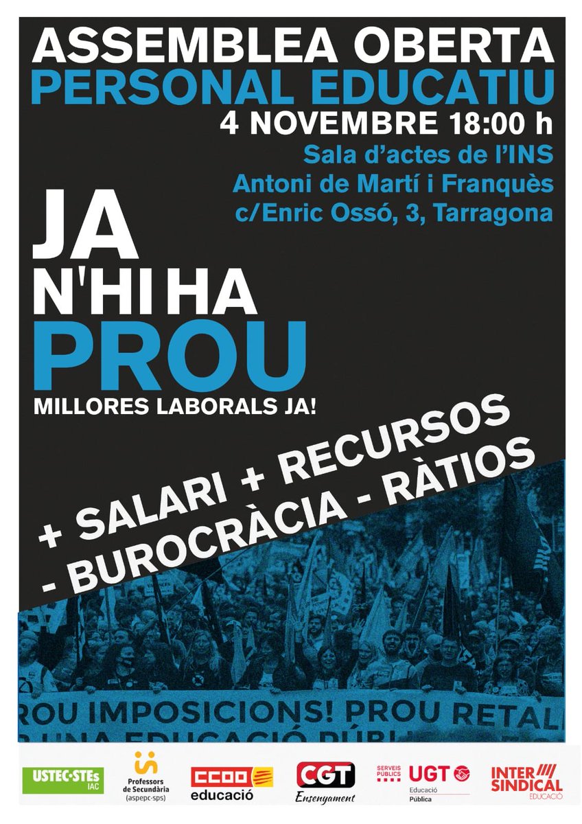 📣 Assemblees unitàries per la manifestació del #15N

Temes:
- Manifest i reivindicacions
- Estat de les negociacions
- Difusió de la manifestació 15N
- Continuïtat de les accions
- Organització dels centres i les assemblees

Consulta dates i llocs: sindicat.net/2025/10/29/ass…