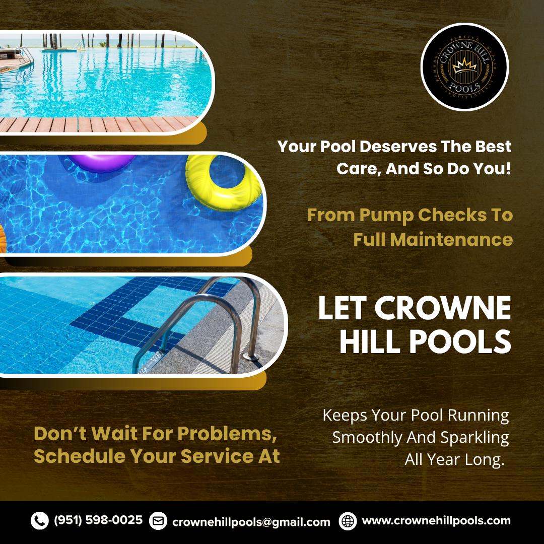 Crownehillpools's tweet image. Prevent problems before they happen! Keep your pool healthy, clean, and worry-free with Crowne Hill Pools. Your perfect pool is just a service away!

#CrowneHillPools #PoolMaintenance #SparklingPool #PoolCare #TemeculaPools #BackyardOasis #CleanPool #HealthySwimming #PoolLife
