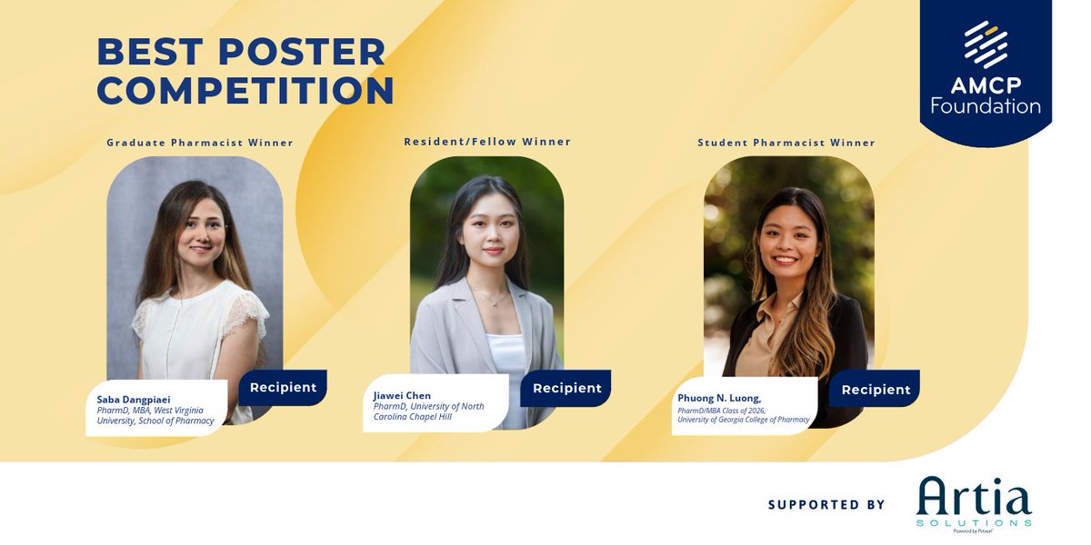 amcporg's tweet image. Congratulations to our AMCP Foundation Best Poster Competition Winners!

Student Pharmacist Winner: Phuong N. Luong
Graduate Pharmacist Winner: Saba Dangpiaei
Resident/Fellow Winner: Jiawei Chen

Please join us in showing appreciation for these young leaders.

#AMCPFdn #AMCPNexus