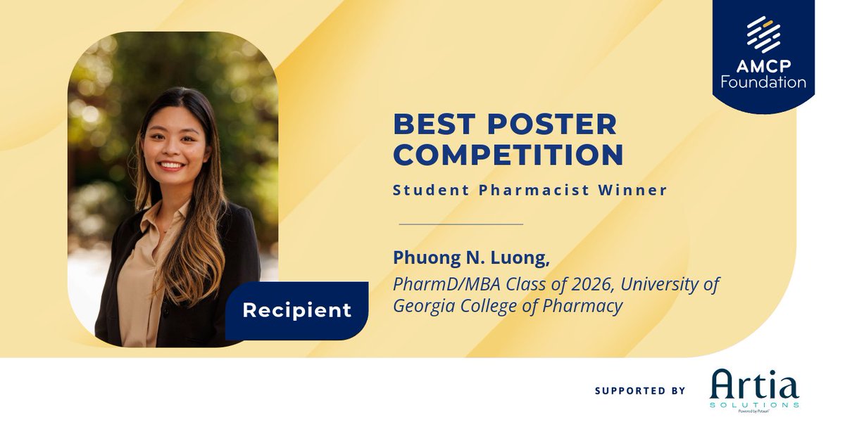 amcporg's tweet image. Congratulations to our AMCP Foundation Best Poster Competition Winners!

Student Pharmacist Winner: Phuong N. Luong
Graduate Pharmacist Winner: Saba Dangpiaei
Resident/Fellow Winner: Jiawei Chen

Please join us in showing appreciation for these young leaders.

#AMCPFdn #AMCPNexus