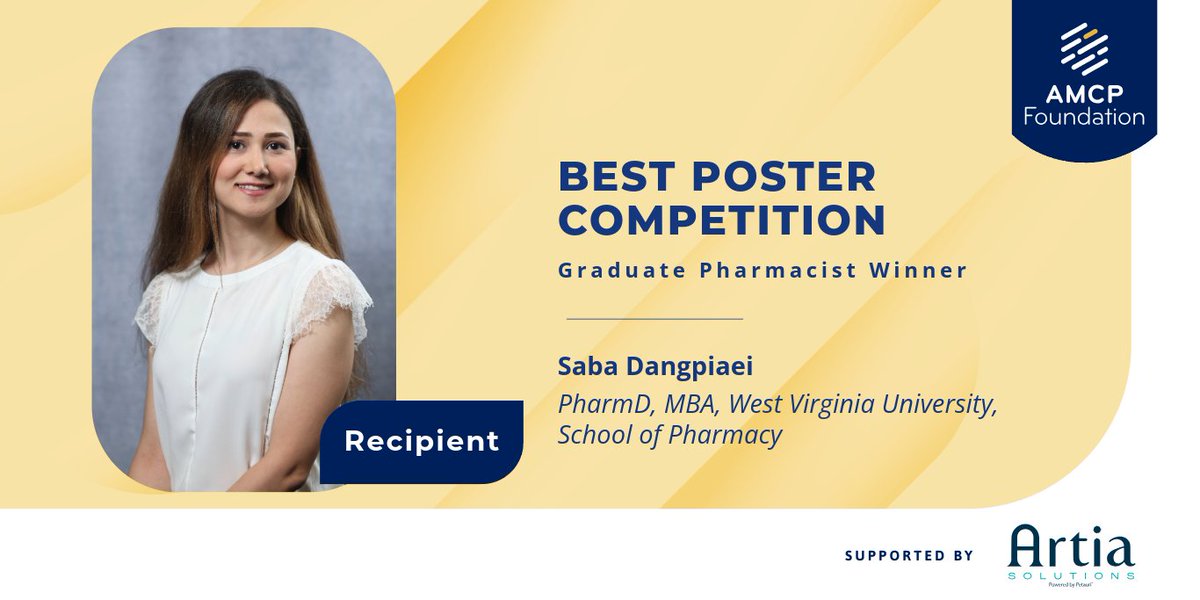 amcporg's tweet image. Congratulations to our AMCP Foundation Best Poster Competition Winners!

Student Pharmacist Winner: Phuong N. Luong
Graduate Pharmacist Winner: Saba Dangpiaei
Resident/Fellow Winner: Jiawei Chen

Please join us in showing appreciation for these young leaders.

#AMCPFdn #AMCPNexus