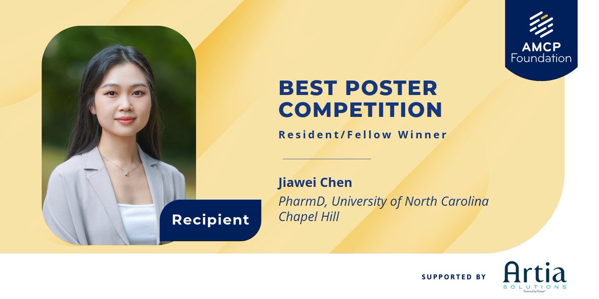 amcporg's tweet image. Congratulations to our AMCP Foundation Best Poster Competition Winners!

Student Pharmacist Winner: Phuong N. Luong
Graduate Pharmacist Winner: Saba Dangpiaei
Resident/Fellow Winner: Jiawei Chen

Please join us in showing appreciation for these young leaders.

#AMCPFdn #AMCPNexus