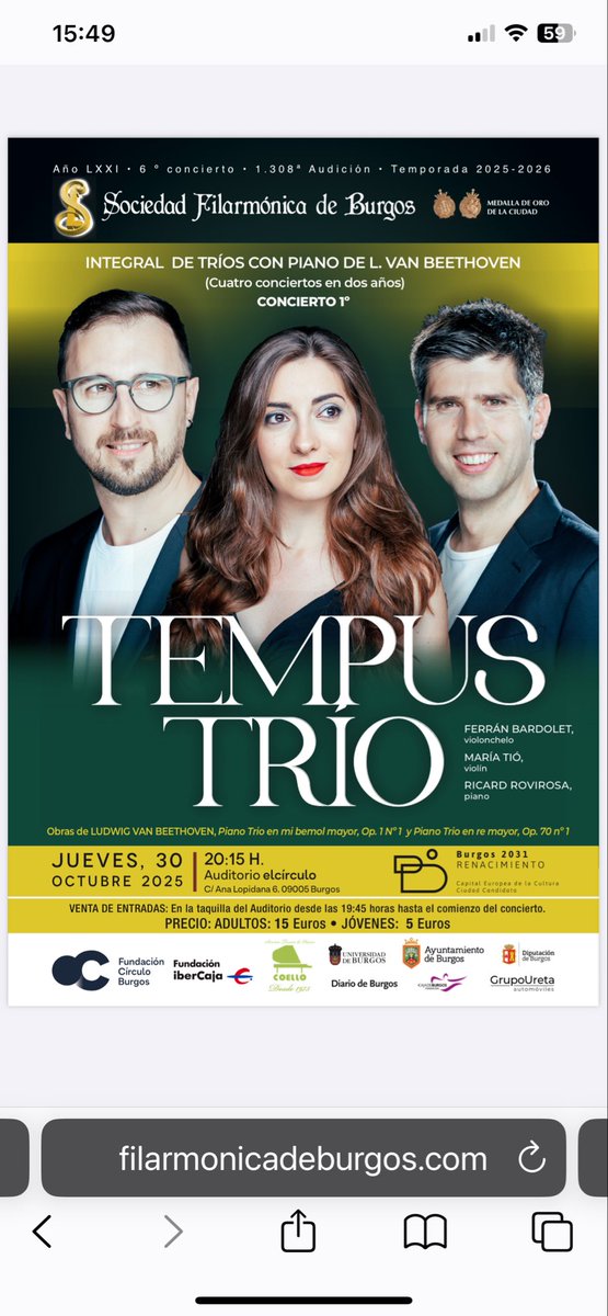 Mañana en la Sociedad
Filarmónica de Burgos presentamos el primero de los cuatro conciertos de la integral de los Tríos con piano de
Beethoven. <a href="/FCirculoBurgos/">Fundación Círculo</a> 
Os esperamos!
#integralBeethoven #BeethovenPianoTrios
#TempusTrio #pianotrio #burgos
#AuditorioElCirculo