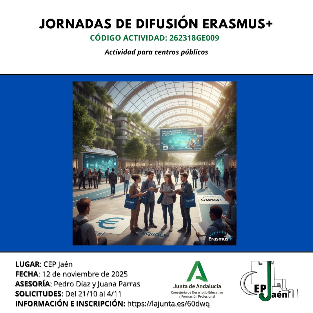 Abierto el plazo de inscripción para la actividad formativa PROVINCIAL: 
“JORNADAS DE DIFUSIÓN ERASMUS+”, 262318GE009 @cepjaen Dirigida al profesorado de centros públicos, en modalidad con una duración total de 8 horas presenciales. Info e inscripción🔗 secretariavirtual.juntadeandalucia.es/secretariavirt…