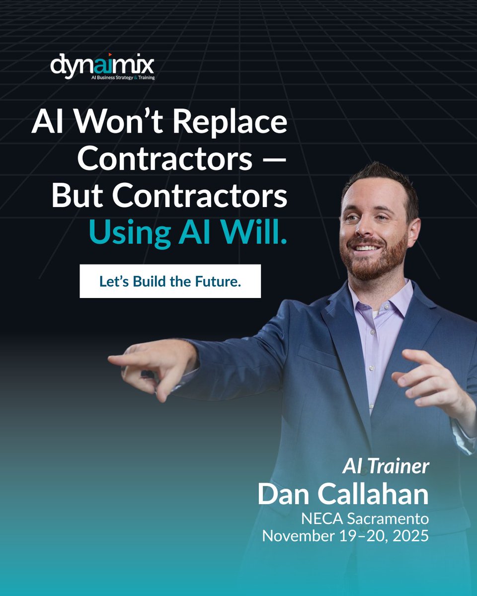 dynaimix's tweet image. AI won’t replace contractors — but contractors using AI will. ⚡

Catch AI Trainer Dan Callahan at NECA Sacramento, Nov 19–20.

Let’s build the future. 👷‍♂️
📩 Contact us to sign up: dynaimix.com/contact/ 

#AIForContractors #NECA2025 #FutureOfWork