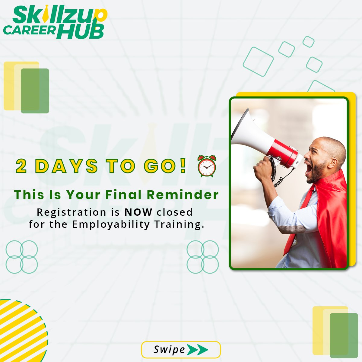 skillzhubhq's tweet photo. ⏰ Just 2 days to go!
Registration is now closed for the #SkillzUpCareerHub Employability Training.
All confirmed participants — check your inbox for event details! 💻
📅 Oct 31 – Nov 1 | Google Meet
Let’s Skillz-Up together! 🚀
#CareerGrowth #EmployabilityTraining https://t.co/jAFyNobv0n