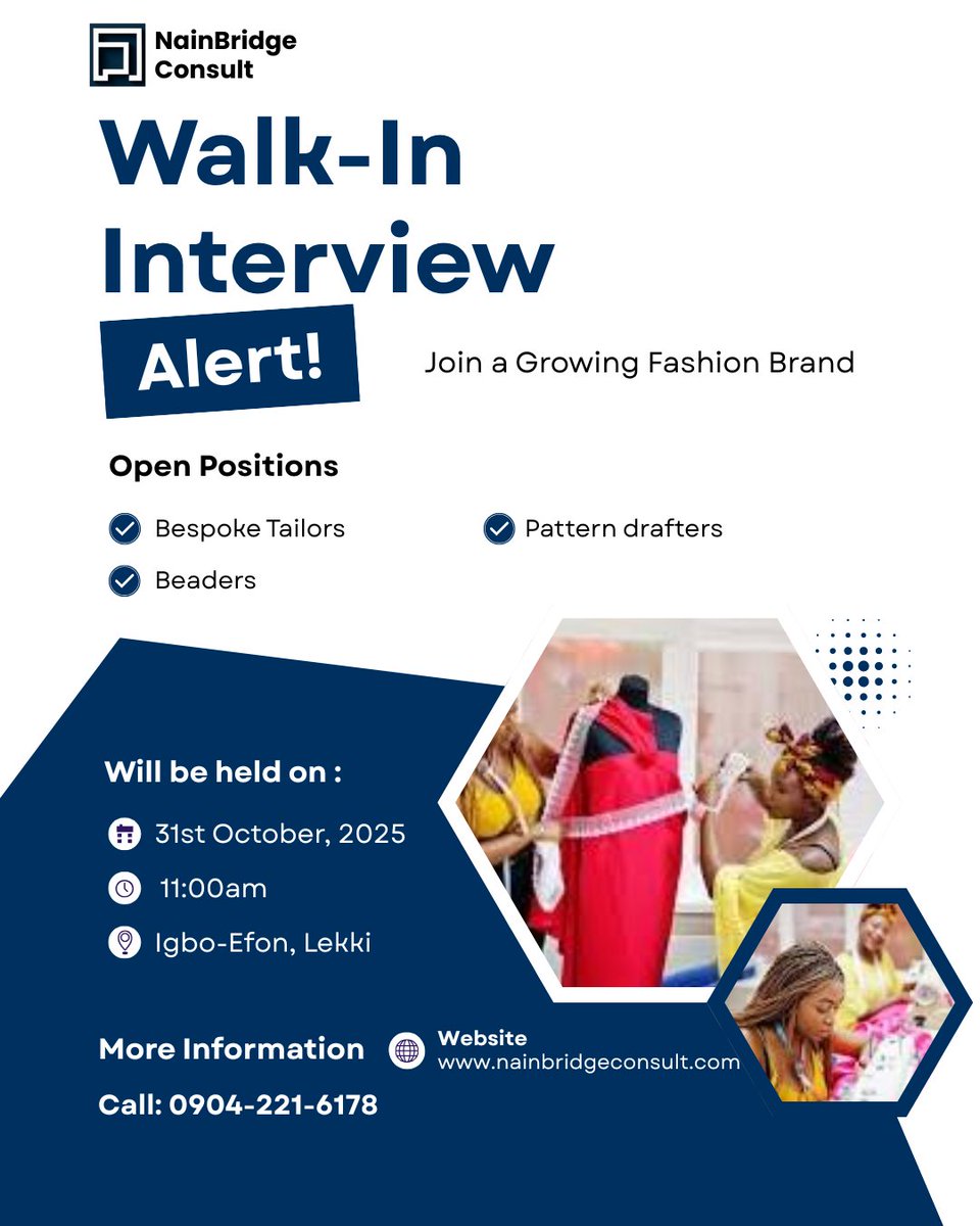 Calling all fashion creatives! 
We’re hosting Walk-in Interviews for talented:
– Tailors (Corsets &amp; Bustiers specialists)
– Pattern Drafters
– Beaders

If your hands create magic with fabric and details, we want you!

📍 Igbo-Efon, Lekki
🗓 31st October, 2025

#FashionDesigners