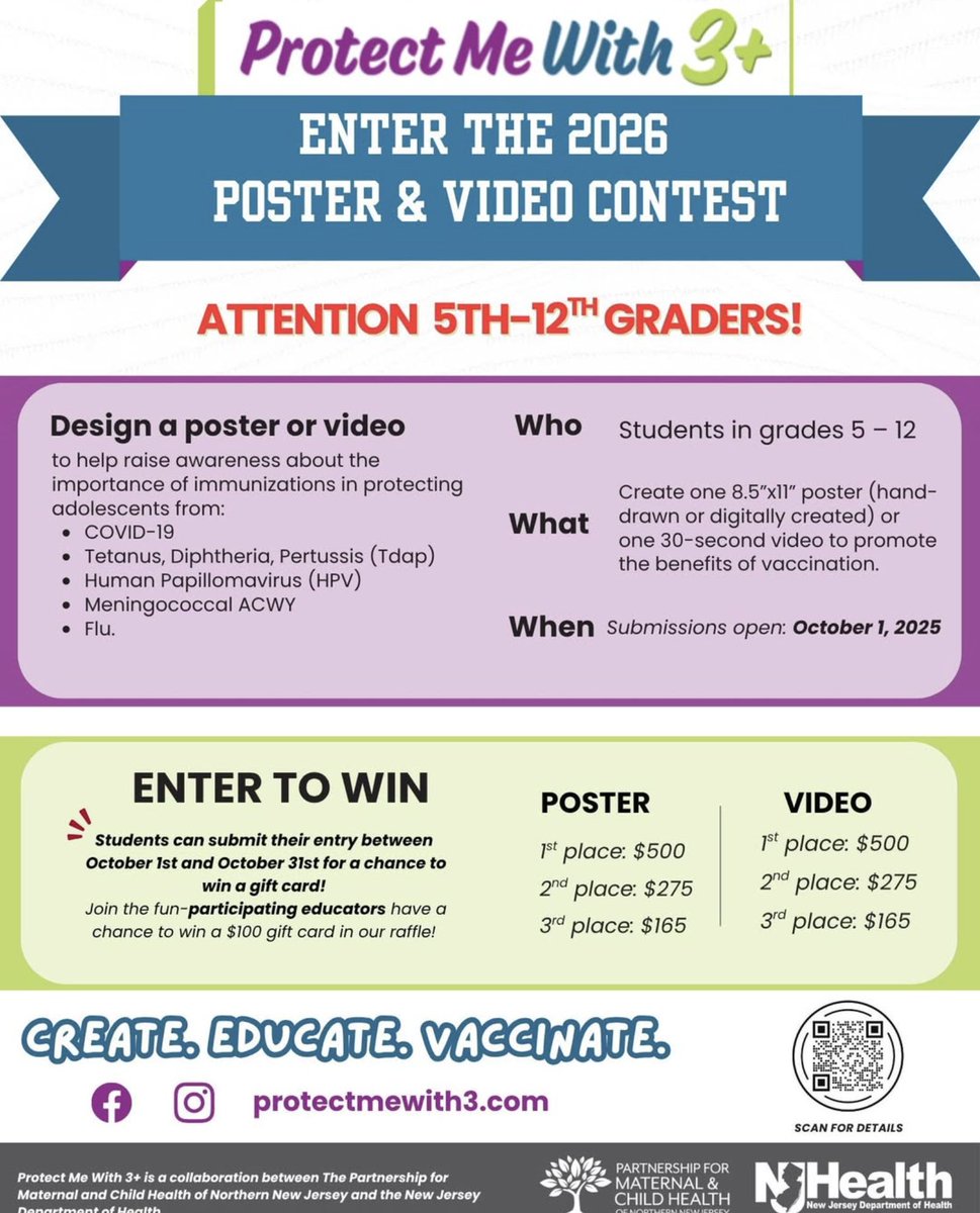 Calling all creative #NewJersey students in grades 5–12!

The Protect Me With 3 (#PMW3) contest is back 🎨 courtesy of the <a href="/NJDeptofHealth/">NJDOH</a> and Partnership for Maternal and Child Health of Northern New Jersey,

To participate, students are invited to create a poster or 30-second
