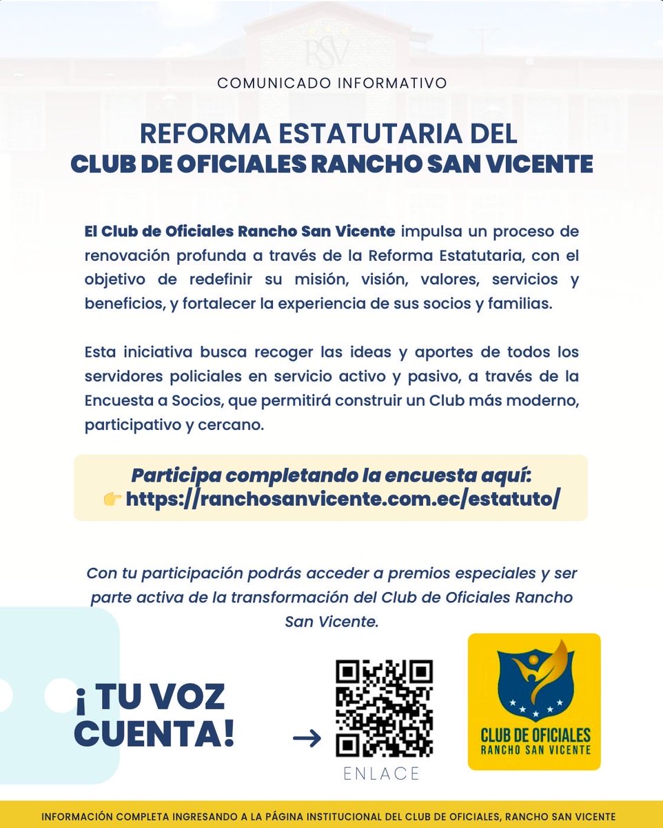 📣 ENCUESTA

El Club de Oficiales Rancho San Vicente, impulsa un proceso de renovación total. Tu voz es clave para construir un espacio moderno, participativo y cercano.

📝 Participa en la encuesta 👉 ranchosanvicente.com.ec/estatuto/

#TuVozCuenta