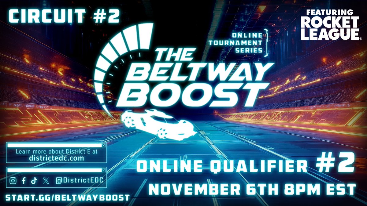 DistrictEDC's tweet image. The Beltway Boost Online Circuit #2: Qualifier 2 is next week!
 
🎮: Rocket League 3v3
🛜: Online
📅: Thursday, Nov 6, 8pm EST
💰: $150 1st place, 1st and 2nd place qualify for $2k Circuit Breaker Finals in December
💵: NO ENTRY FEE
 
Register now: start.gg/beltwayboost