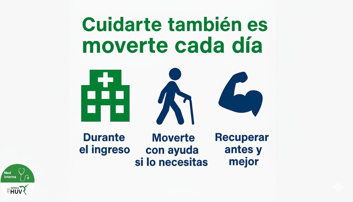 Durante el ingreso, el reposo prolongado puede retrasar la recuperación.

Caminar o moverse, siempre bajo la supervisión del equipo sanitario, mejora la fuerza, el ánimo y reduce complicaciones.

#CuidarteTambiénEs moverte cada día.
#MedInternaHUVR 💙
<a href="/HospitalUVRocio/">Hospital Universitario Virgen del Rocío</a>