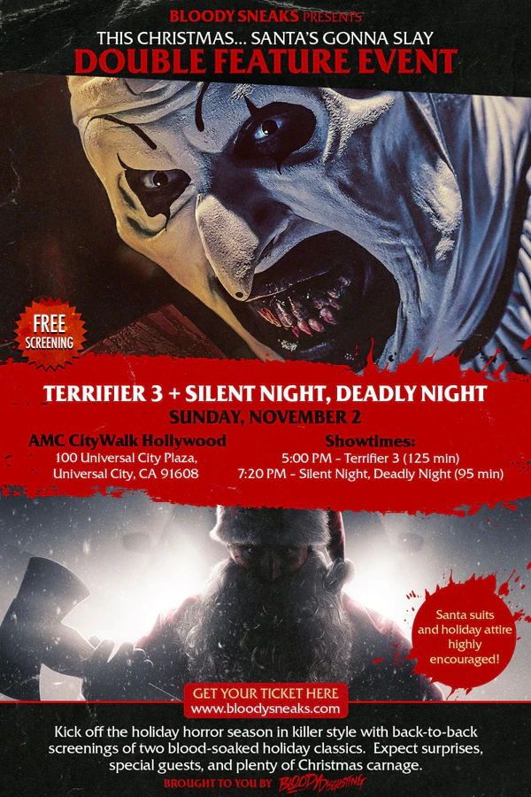 GeekVibesNation's tweet image. LOS ANGELES! Put on your Santa Costumes and meet us at AMC Universal CityWalk 19 on November 2 for a Double Feature of #Terrifier3 and the remake of #SilentNightDeadlyNight at 5PM 

There will be promo items and more surprises 

Grab your passes here: gofobo.com/jzxoc72773