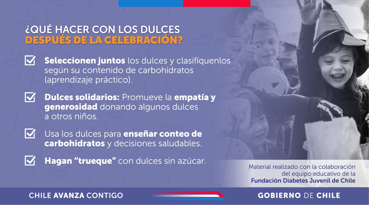En #Halloween, los niños, niñas y adolescentes con diabetes tipo 1 también pueden disfrutar.🎃👻

Con una buena planificación y control de la glicemia, es posible celebrar de forma segura y feliz.