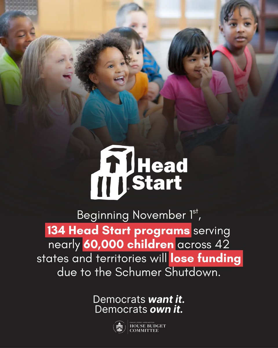 HouseBudgetGOP's tweet image. Thanks to the Senate Democrat shutdown, nearly 60,000 children will be impacted by frozen funding to the Head Start program. 

And for what? Because Democrats want to use your tax dollars to subsidize health care for illegal immigrants.