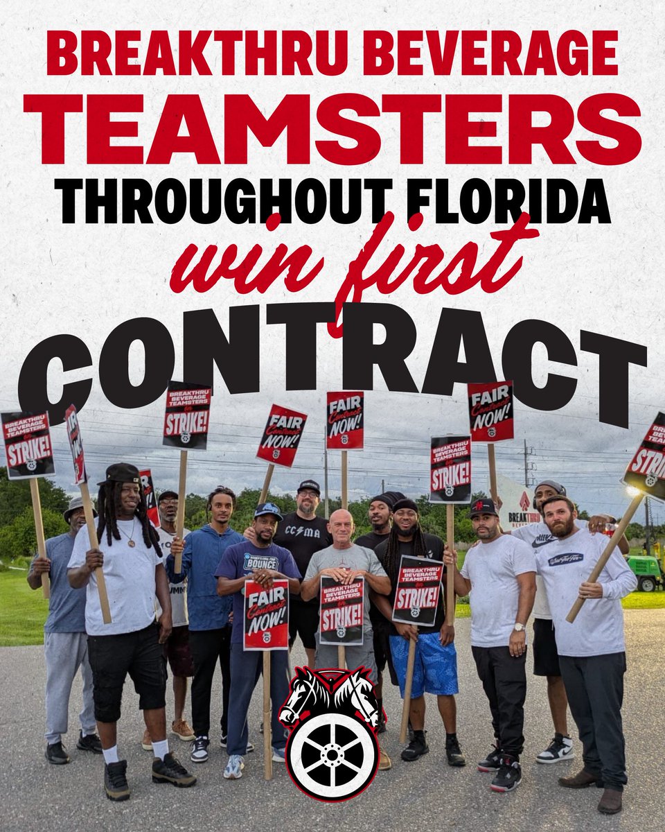 Teamsters's tweet image. After months on the picket line, 160 Teamsters have won their strike against Breakthru Beverage at facilities throughout Florida. Members voted today to ratify a strong first contract that will protect and reward drivers in Tampa, Fort Myers, Jacksonville, Orlando, Pensacola, and…