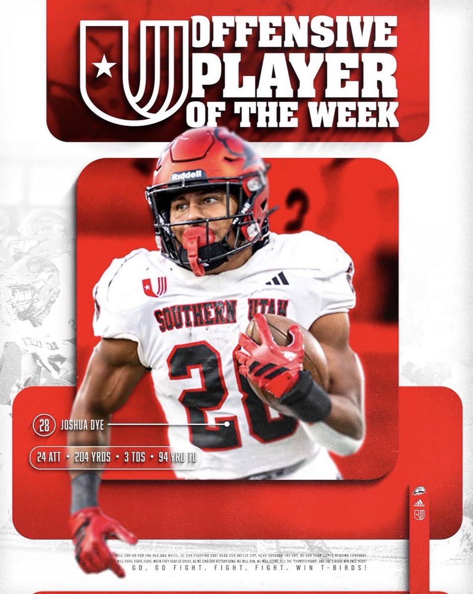 UTEP was the first stop.
SUU became the restart.

After transferring this offseason, Josh has exploded, averaging 𝟕.𝟎 𝐲𝐩𝐜 with five multi-TD games. 

He’s been named Player of the Game in five of eight contests and twice the conference’s Offensive Player of the Week.
