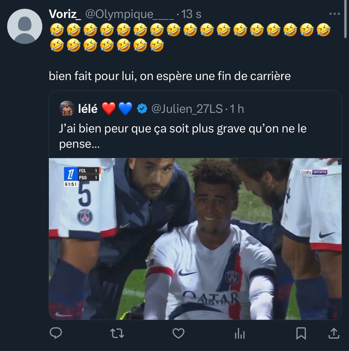 Julien_27LS's tweet photo. Le nombre de marseillais qui se réjouissent de la blessure de Doué, faut vraiment être mal éduqué pour rire de ça https://t.co/bwsjVrv9sL