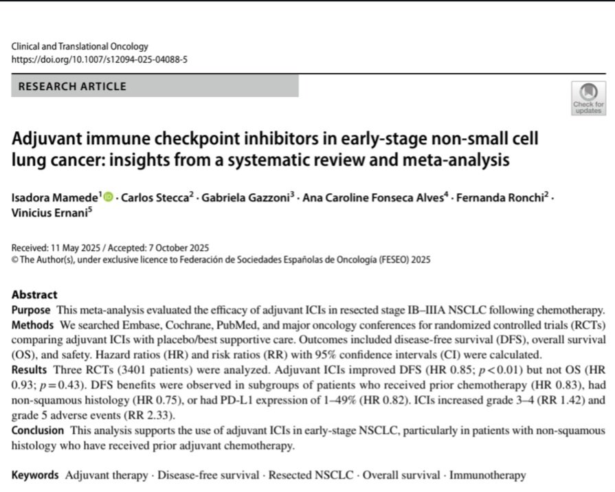 theisamamede's tweet photo. I am pleased to share our meta-analysis on adjuvant ICI in early stage NSCLC. Co-lead by @CarlosStecca.
We observed DFS benefits but no OS advantages. 

Read here:
https://t.co/ncYmPYfO4K

Thanks @metaacademy_ofc for connecting me with this team.
#MedTwitter #OncTwitter #Research https://t.co/T1q09E5adt