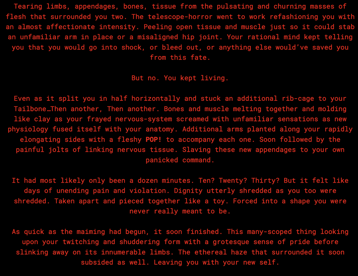 [TELESCOPE]

Wanted to commemorate one of our Favorite games and the halloween season with another horrific story!

(CW; Grody Body-horror Transformation)