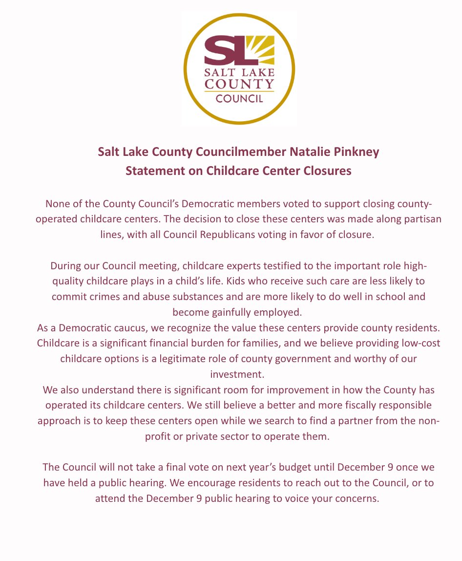 SLCoAtLargeC's tweet photo. Childcare is an essential county service for families &amp; that’s why I voted ‘NO’ to closing the centers. Our budget grows due to growing arrests and high recidivism rates, closing down centers that have been proven to decrease youth violence &amp; incarceration is not smart accounting https://t.co/uq52aDSFhJ