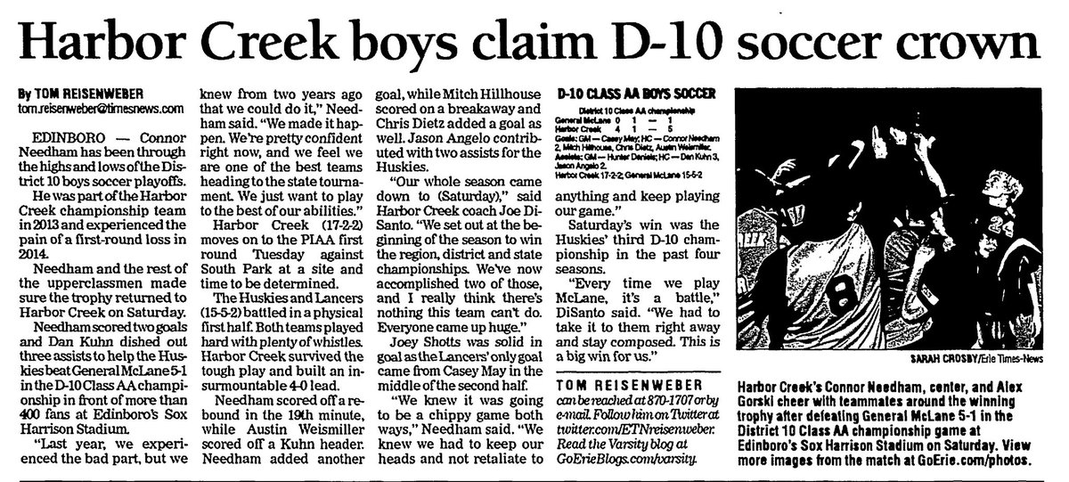 Throwback to HC Boys Soccer’s last D-10 Title… 11/7/2015, a 5-1 win over General McLane behind a 2 goal performance from Connor Needham.

They have a chance to end the drought tomorrow night. 7:30 @ Seneca HS vs. undefeated Fairview.

BE THERE. ⚫️🟠