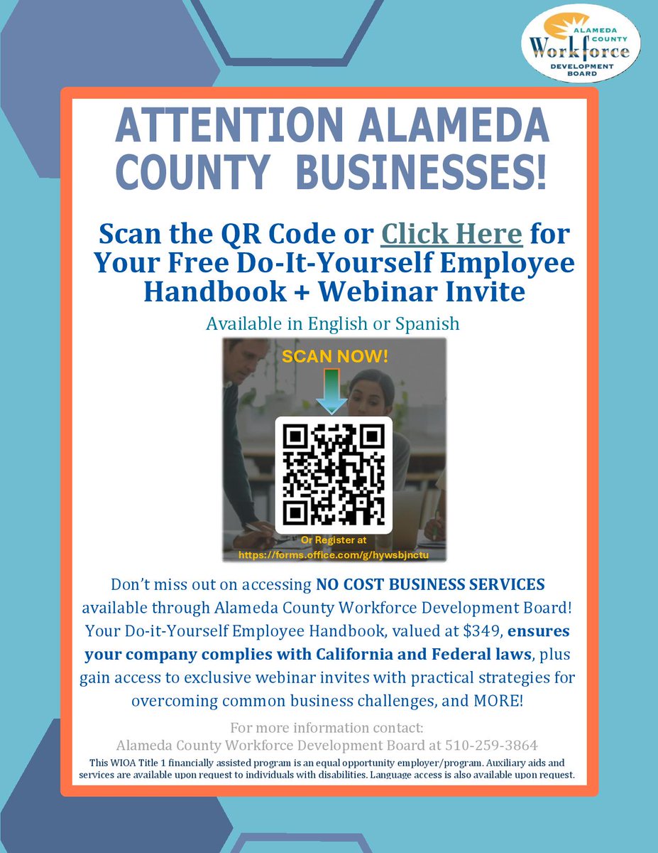 ACWDB's tweet image. 📢 Alameda County Businesses: Get a FREE Do-It-Yourself Employee Handbook ($349 value) + How-To Guide! 📷 Bonus: Join our free webinar, “Tips for Your Employee Handbook,” on 10/30/2025 at 11 AM to learn how to avoid pitfalls and boost retention. #workforce
forms.office.com/pages/response…