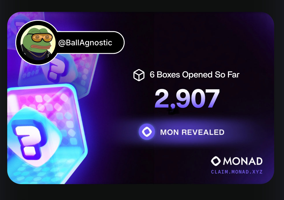 My first 6 figure airdrop with 2.9m $MON revealed!!

$160,000 at current valuation with 3 boxes remaining.

Thank you <a href="/monad/">Monad</a> for this truly life changing airdrop!

1.4 BTC? Lambo? Pay off my mortgage? No. answer: HODL MONAD. Easy 5x