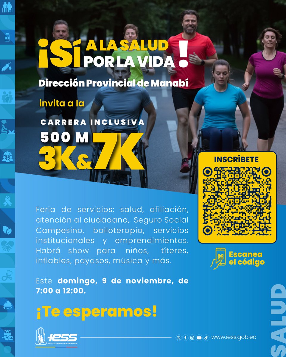#IESSenAcción | Participa en la carrera inclusiva 500M, 3K y 7K del <a href="/IESS_Manabi/">Dirección Provincial de Manabí</a>.

🏃‍♀️❤️ ¡Sí a la salud por la vida!

🗓️ Domingo, 9 de noviembre de 2025
📍 Parque La Rotonda - Portoviejo
🕖 7:00

¡<a href="/IESSec/">IESS</a> cuida de ti!

Inscríbete en el QR 👇

#IESSnoPara