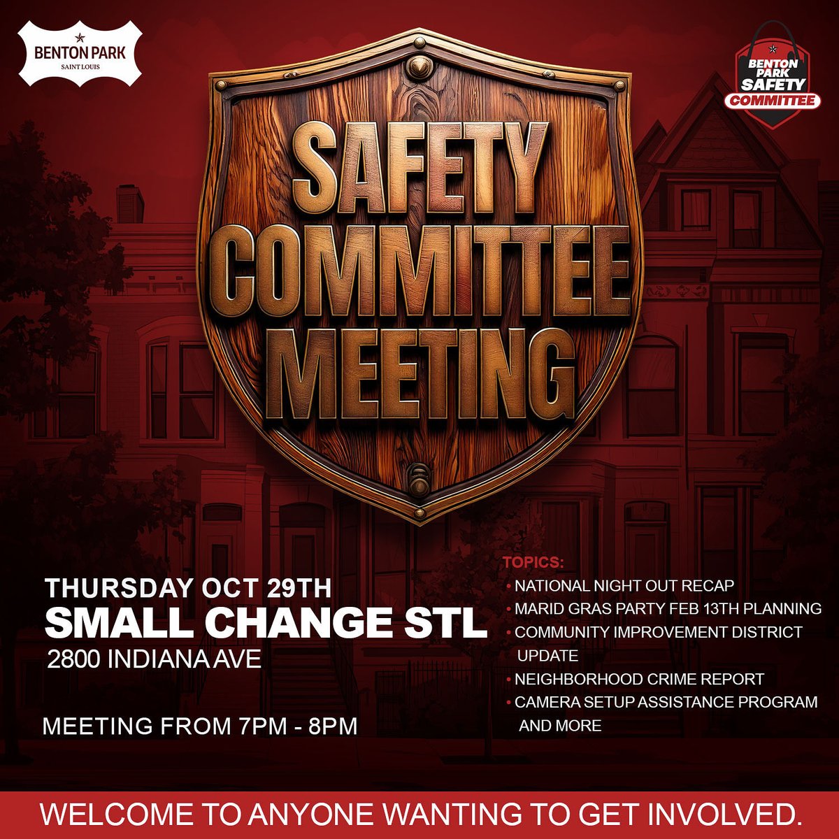 🚨 Benton Park Safety Mtg – Tomorrow 7–8PM @ Small Change STL (2800 Indiana) 🚨

Recap Nat’l Night Out, plan Mardi Gras (Feb 13), CID updates, crime report + camera program.

Join us &amp; help keep BP safe! 💪 #BentonPark #STL