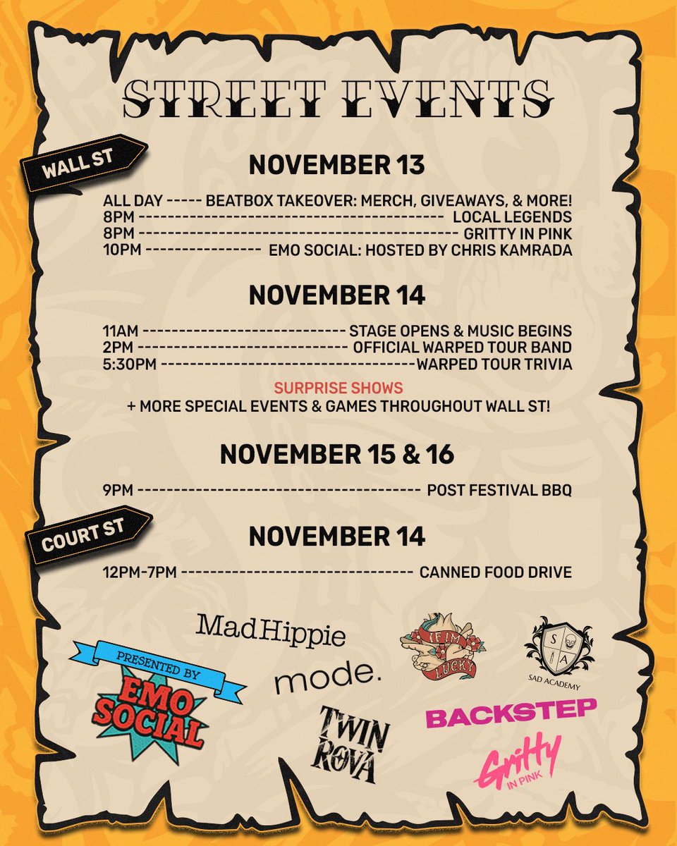VansWarpedTour's tweet photo. orlando, we’re taking it to the streets 🐊

the Warped Wall Street Takeover hits downtown - live music, activations, food, drinks, and that signature warped energy all weekend long 🔥 surprises imminent, but u gotta show up to find out 🤭 https://t.co/82LYF54S9D