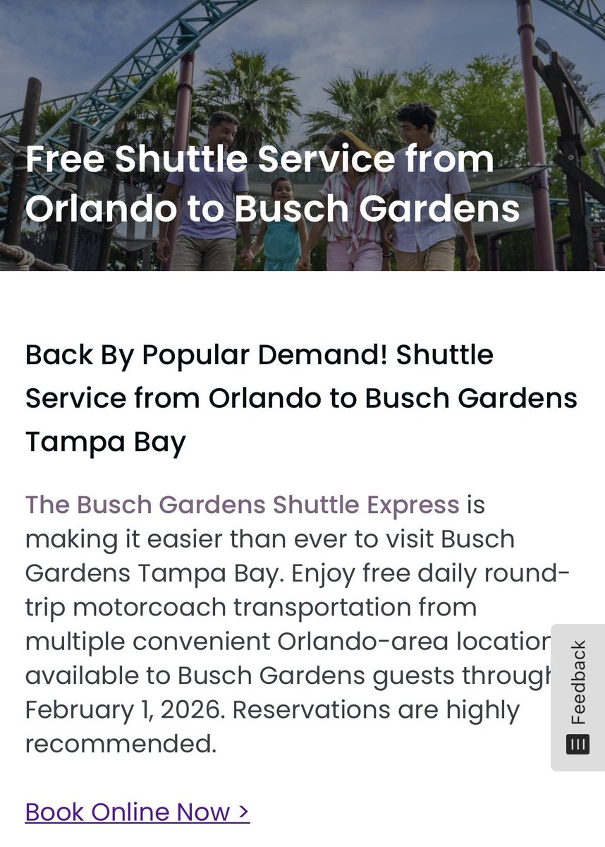 If you are visiting Orlando and would like to visit <a href="/BuschGardens/">Busch Gardens Tampa Bay</a> Tampa Bay, from the Orlando International Drive area.

Please use this reservation system to log your interest in using the service! 

Hopefully we can push it further than Feb 26…

Ta! 👍

buschgardens.com/tampa/park-inf…