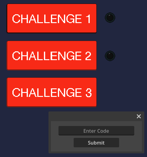 OfficerCornDog's tweet photo. @cag_designed @dickmasterson In the challenge menu, click on challenge 1 or 2 or 3, it'll prompt you for the code https://t.co/DmPqCJ9VnW