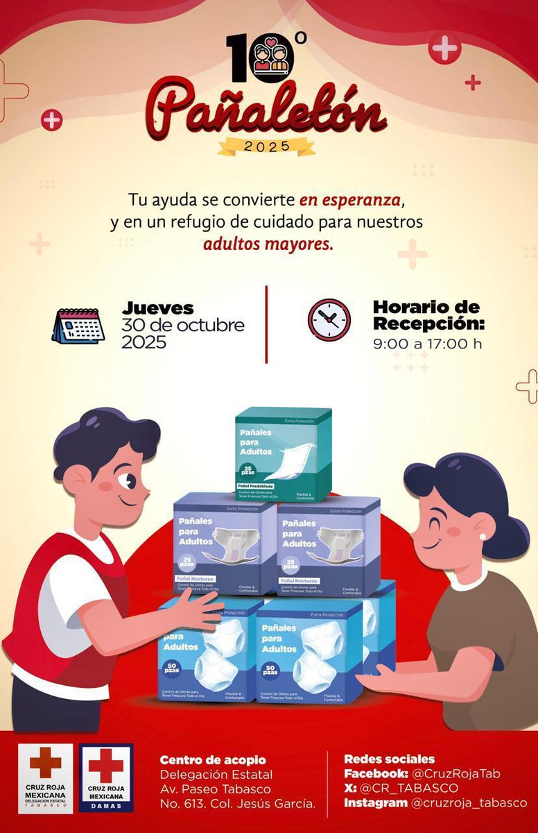 Contribuye a esta noble causa 'Pañaletón 2025' 🩲

Este jueves 30 de octubre
Horario de recepción: 9 am a 17 hrs
<a href="/CR_Tabasco/">Cruz Roja Mexicana - Delegación Tabasco</a> 🚑