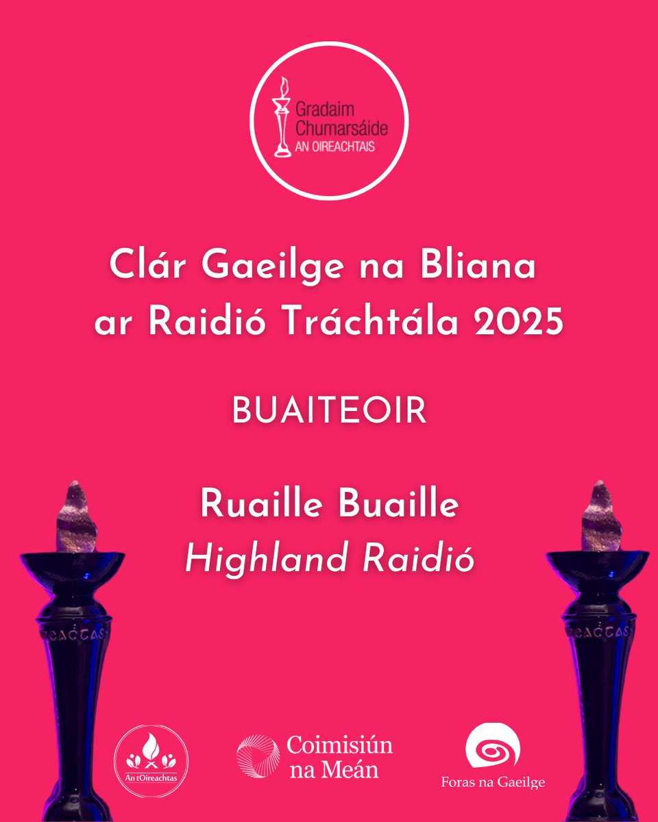 OirnaGaeilge's tweet photo. Buaiteoir Clár Gaeilge na Bliana ar Raidió Tráchtála 2025 buaite ag Ruaille Buaille - Highland Radio  #OnaS25 #Gradaim25 https://t.co/uNWqUq1Q79