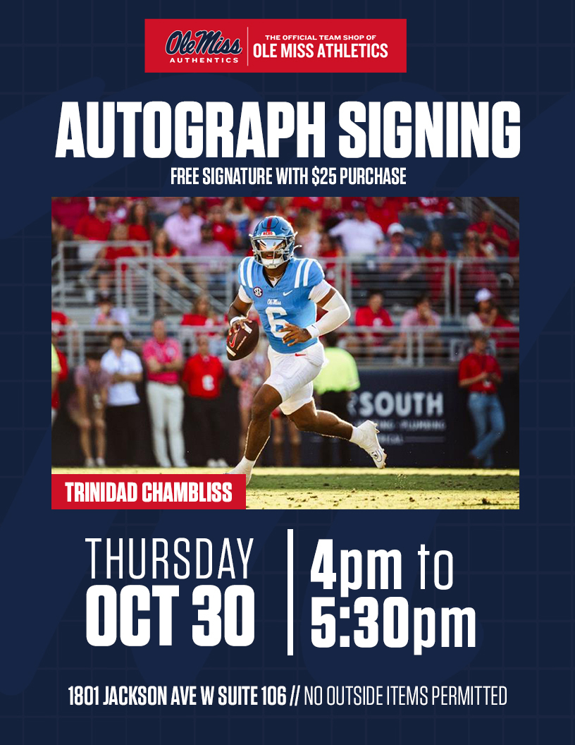 OleMissSports's tweet image. Your purchase comes with a 𝙨𝙞𝙜𝙣𝙖𝙩𝙪𝙧𝙚 touch ✍️ 

Spend $25 at Ole Miss Authentics and get an autograph from Trinidad Chambliss! 

🔗 rebs.us/47kpu0P