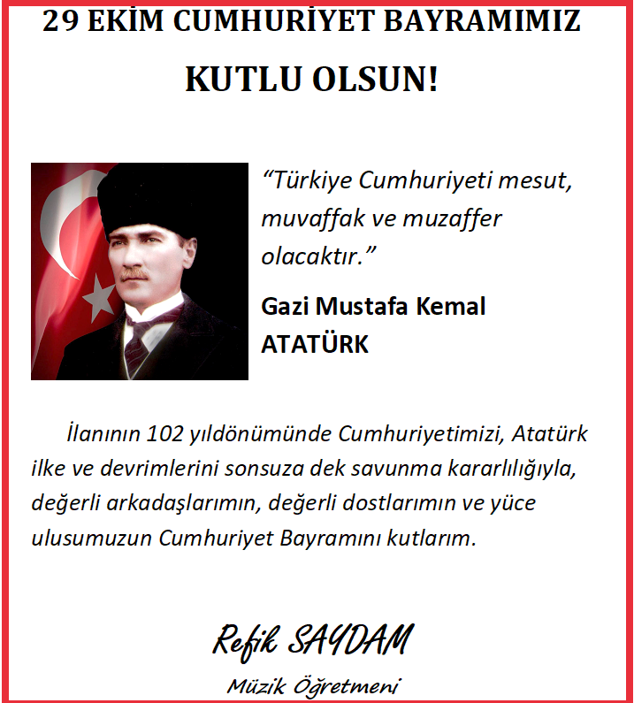 rsaydam1's tweet photo. “Türkiye Cumhuriyeti mesut, muvaffak ve muzaffer olacaktır.”
M. Kemal ATATÜRK

İlanının 102 yıldönümünde Cumhuriyetimizi, Atatürk ilke ve devrimlerini sonsuza dek savunma kararlılığıyla, değerli arkadaşlarımın, değerli dostlarımın ve yüce ulusumuzun Cumhuriyet Bayramını kutlarım. https://t.co/0xF9Ug1H31