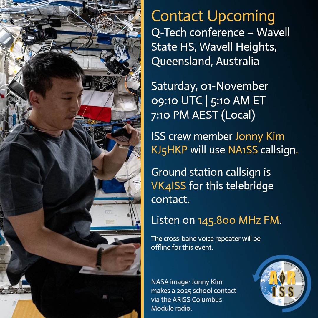 Contact upcoming with Australia!

<a href="/JonnyKimUSA/">Jonny Kim</a> will talk to the Q-Tech Conference at Wavell State High in Queensland, Australia via ham radio.

Scheduled for Sat. 01-Nov at 09:10 UTC | 5:10 AM ET | 7:10 PM AEST via VK4ISS telebridge.

Listen live on 145.800 MHz FM.