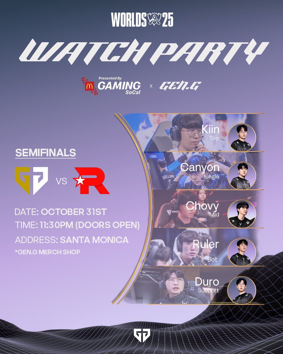 SANTA MONICA SEMIFINALS WATCH PARTY ‼️

Bring the energy to cheer on the GEN.G League squad and:
🎁 Enter giveaways
👕 Get your own Gen.G merch
👀 And more!

RSVP NOW 📷
partiful.com/e/2bu2q6y54FdF…